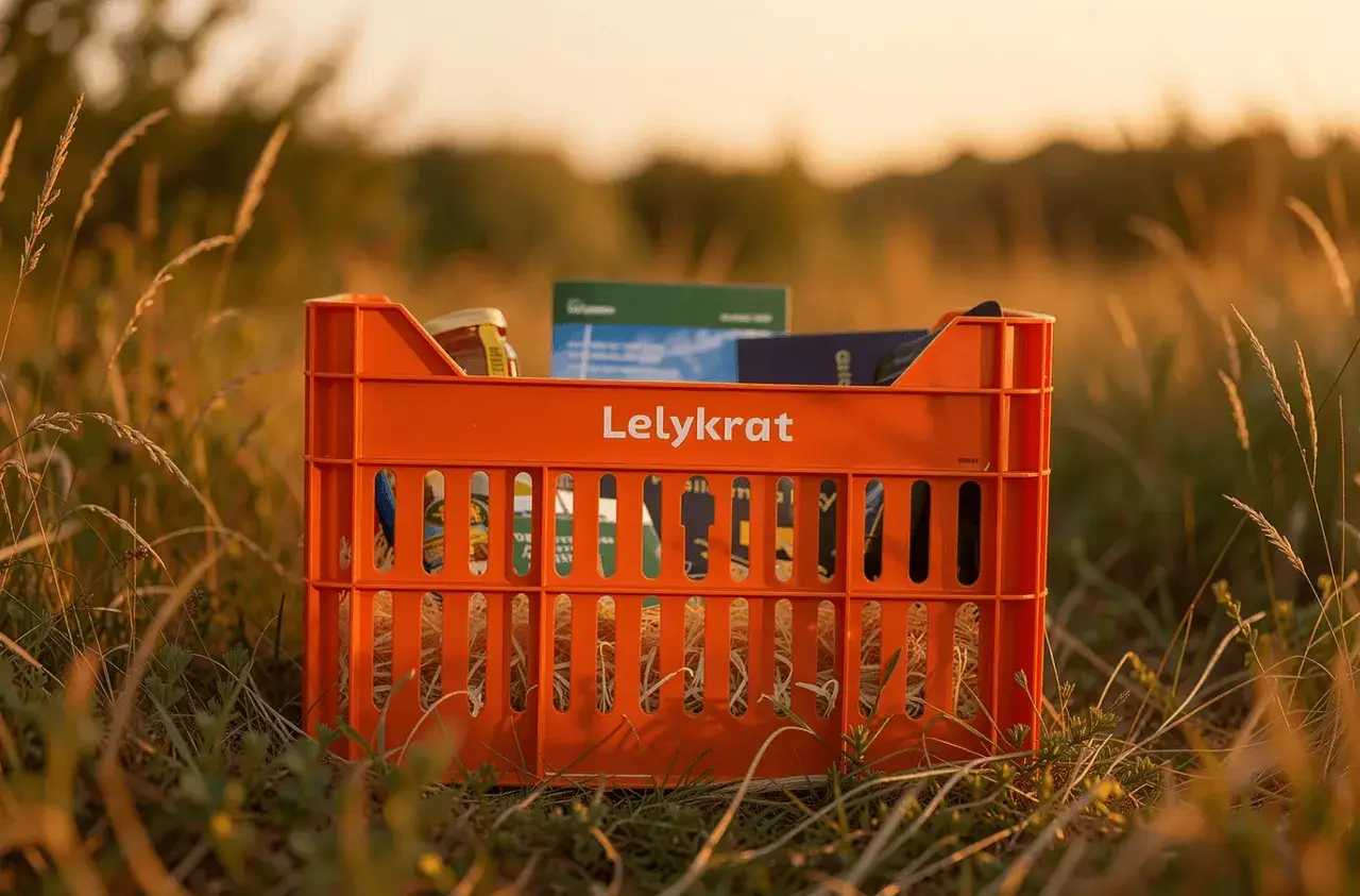 Oranje Lelykrat met lokale producten in het Lelystadse landschap.