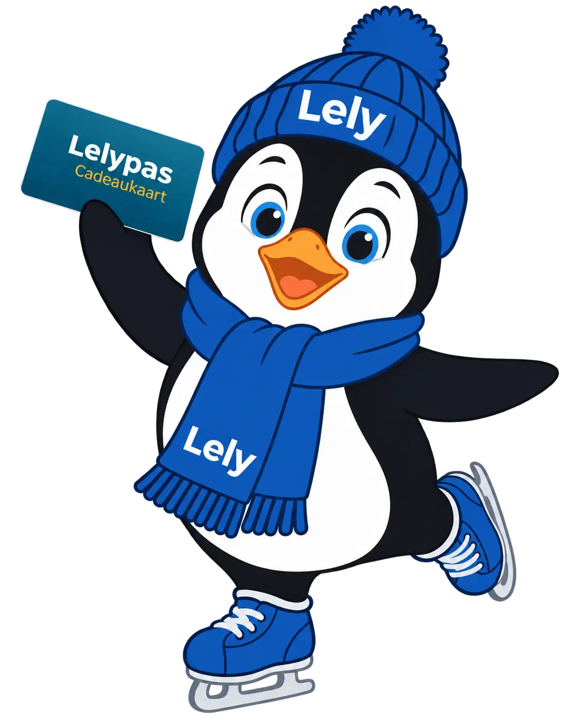 Lely, de schaatspinguïn van Lelystad On Ice, houdt de teal Lelypas Cadeaukaart omhoog.